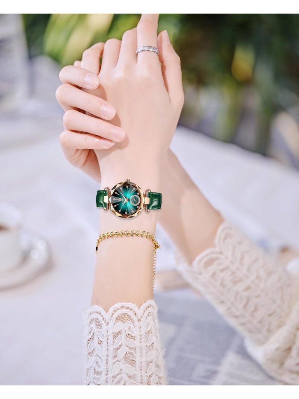 Women's Green Crystal Accents Dainty Dress Leather Strap Fashion Quartz Watches - Picture 3 of 6